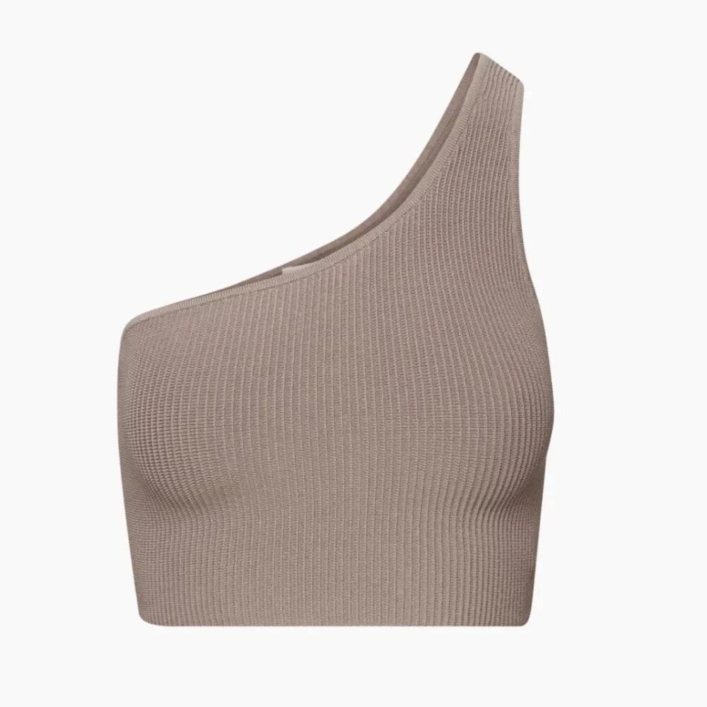 Aritzia Babaton Top Sculpt One Shoulder Cropped Minimalist Neutral Tan Size S
